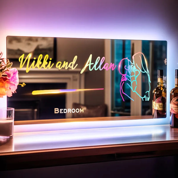 Personalized Line Photo Engraved Mirror Light Bedroom Sign Custom Mirror Neon Signs Wall Decor, Custom Name Sign for Bedroom,Christmas Valentine's Day